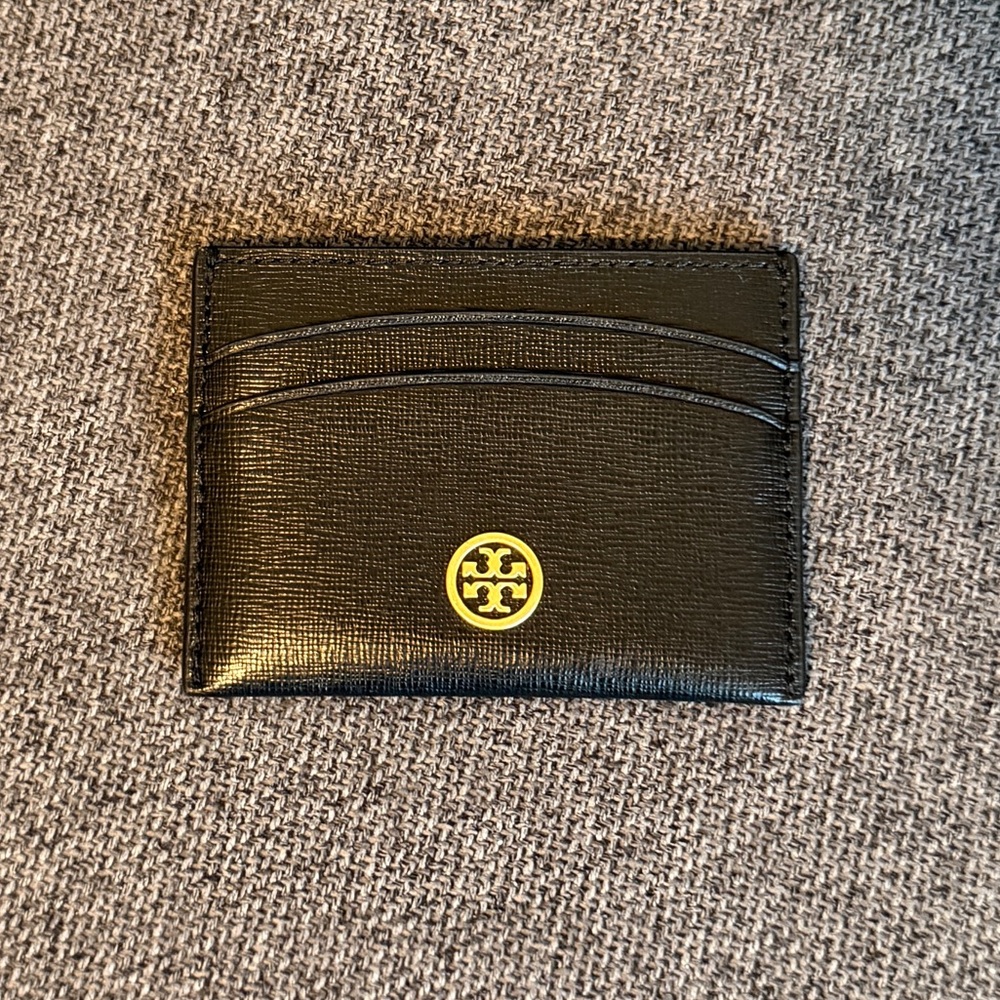 Tory Burch Black Leather Card Holder with Gold Logo